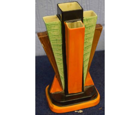 Myott &amp; Sons Art Deco bud flower holder of geometric angular form in the style of Clarice Cliff, painted in tones of gree