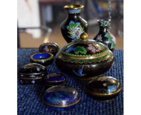 Group of cloisonne wares including vases, small bowls and cover, all with typical enamel decoration, tallest 10cm (9)