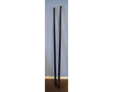 W A Lamkin vintage snooker cue in tin container and further example by Arthur Cole (retailed by Cox &amp; Yeman of London), 1