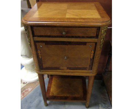 Reproduction French bedside cabinet, applied with gilt metal mounts and with drawer over cupboard with open shelf under, 46cm