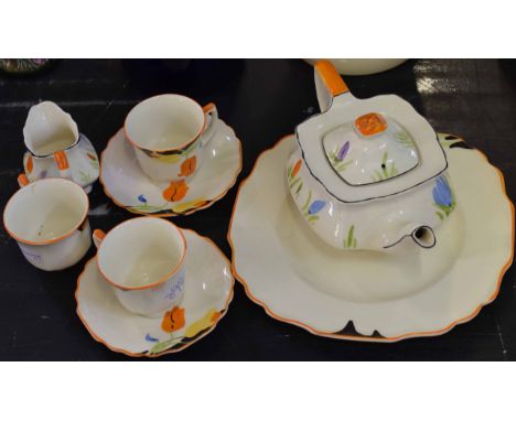 Myott &amp; Sons part tea set comprising tea pot, milk jug, three cups and two saucers with a sandwich plate, all with a flor