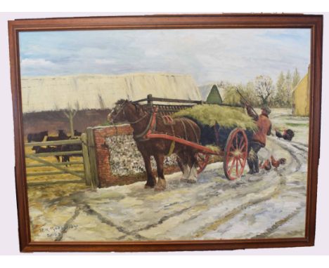 Joe E R Godridge, signed and dated 2003, oil on board, Unloading the Haycart, 90 x 120m 