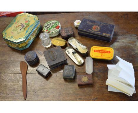 Box various vintage tins and containers (some with retailer's names)