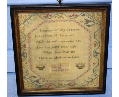 18th century English sampler, central verse with floral border by Eliz Fitch, October 4th 1797, 30 x 27cm