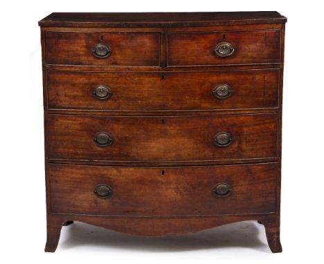 A 19TH CENTURY MAHOGANY BOW FRONT CHEST OF TWO SHORT AND THREE LONG DRAWERS with splayed bracket feet, 104.5cm wide x 51cm de