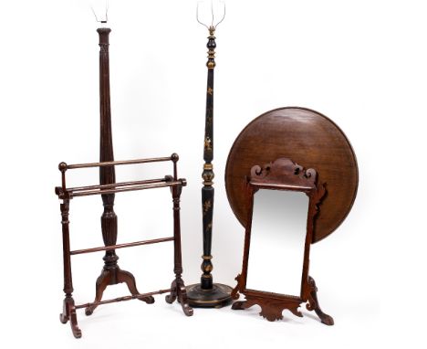 A GEORGIAN CIRCULAR MAHOGANY TILT TOP TRIPOD TABLE 77cm diameter together with a fret framed wall mirror, two lamp standards 