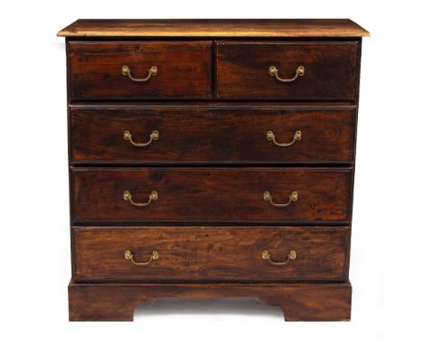 A HARDWOOD CHEST OF TWO SHORT AND THREE LONG DRAWERS with brass handles and raised on bracket feet, 99cm wide x 40cm deep x 9