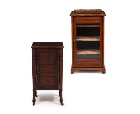 AN ARTS AND CRAFTS MAHOGANY BEDSIDE CABINET 39cm wide x 39cm deep x 76cm high together with an Edwardian mahogany cabinet wit