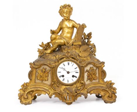 A 19TH CENTURY FRENCH GILT METAL MANTLE CLOCK adorned with a cherub, the enamelled dial signed 'Baume' and 'Lezard, Paris', 3