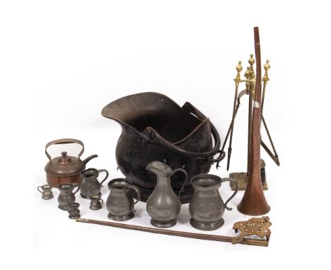AN OLD IRON COAL SCUTTLE together with a group of pewter mugs, a coaching horn, a set of brass fire irons, an old copper kett