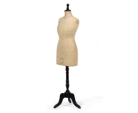 AN EARLY 20TH CENTURY LINEN COVERED MANNEQUIN on a tripod base with turned support and stamped 'Buste Girard of Paris', and a