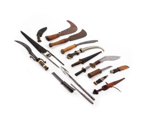 A COLLECTION OF EDGED WEAPONS AND TOOLS to include a Gurkhas kukri knife (15) Condition: in mixed condition, kukri knife with