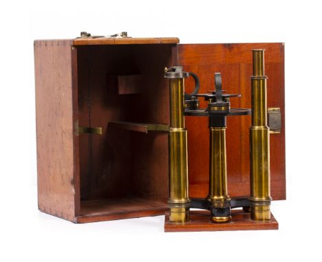 A LATE 19TH CENTURY BRASS SPECTROMETER by Townson and Mercer with 12 inch telescopes, the bed plate with silvered scale and v