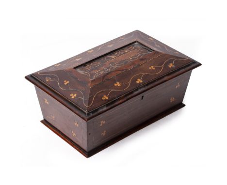 A 19TH CENTURY ARBUTUS TEA CADDY of sarcophagus form with decorative inlay and two lidded compartments within, 35cm wide x 22