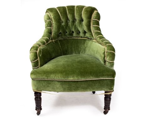 A VICTORIAN SMALL GREEN DRAYLON UPHOLSTERED BUTTON BACK ARMCHAIR with turned front legs, 98cm wide x 78cm high Condition: the