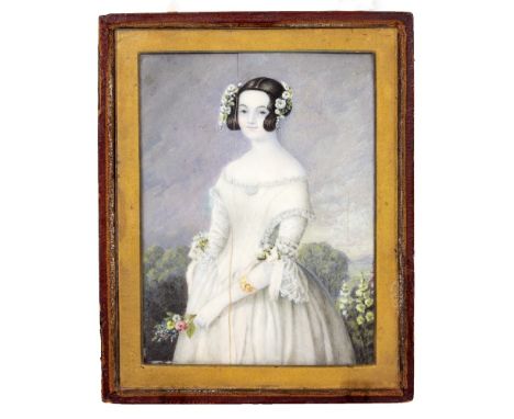 AN EARLY TO MID 19TH CENTURY MINIATURE PORTRAIT depicting a bride with flowers in her hair and wearing a wedding dress, paint