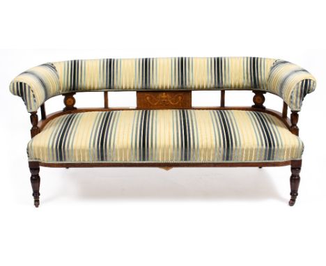 A VICTORIAN ROSEWOOD SMALL TWO SEATER SOFA with decorative inlay, scrolling upholstered back and seat and standing on turned 