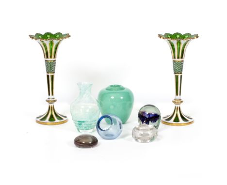 A PAIR OF 19TH CENTURY GREEN AND WHITE FLASH GLASS VASES (lusters lacking), 15.5cm wide x 32.5cm high together with a further