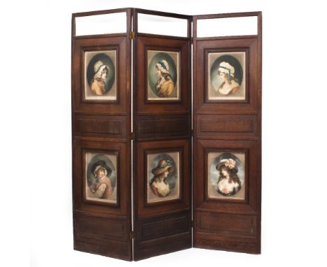 A LATE 19TH/ EARLY 20TH CENTURY OAK THREE FOLD SCREEN with glazed panels inset with portrait prints, 150cm wide x 168cm high 