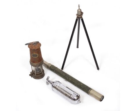 AN EARLY 20TH CENTURY SINGLE DRAWER SPOTTERS TELESCOPE numbered 1512, 59.5cm in length; a Patterson Miners lamp; a Pyrene fir