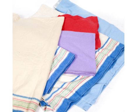 A GROUP OF THREE WITNEY BLANKETS with striped ends together with a light blue and a pink Witney blanket and a further blanket