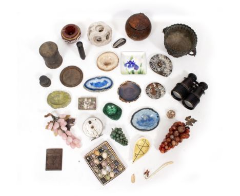 A MIXED LOT OF ORNAMENTS to include a spherical oak tea caddy, a pair of binoculars, a small telescope, an alabaster puzzle b