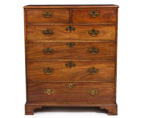 AN EARLY TO MID 19TH CENTURY MAHOGANY CHEST OF TWO SHORT AND FOUR LONG GRADUATED DRAWERS all standing on bracket feet, 108.5c