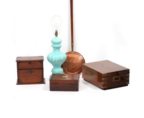 A TURQUOISE POTTERY TABLE LAMP of baluster form, 56cm high to the top of the fitting together with an oak canteen box with si