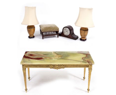 A RECTANGULAR ONYX TOPPED CAST BRASS COFFEE TABLE with square tapering legs together with a pair of table lamps, a small squa