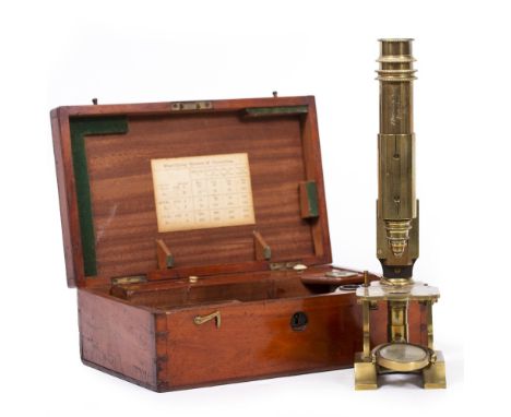 A LATE 19TH CENTURY CONTINENTAL STYLE MICROSCOPE with Y shaped foot and brass pillar, unsigned, probably circa 1860, with coa