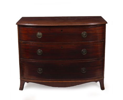 A 19TH CENTURY MAHOGANY BOW FRONTED CHEST OF THREE LONG DRAWERS standing on bracket feet, 110cm wide x 62cm deep x 87cm high 