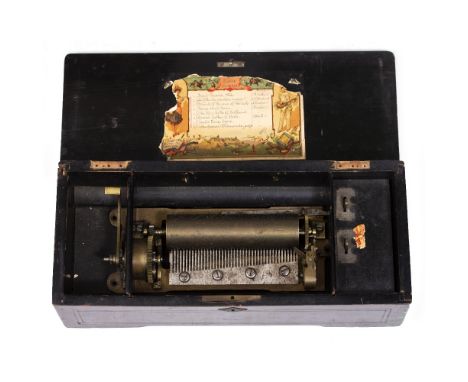A SWISS MUSICAL BOX playing eight airs in a case with decorative inlay, 42.5cm wide x 18.5cm deep x 12cm high Condition: in p