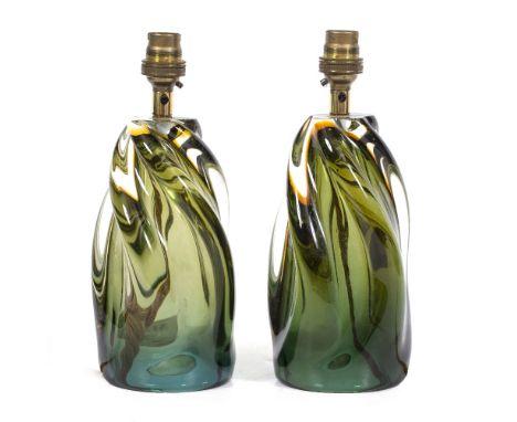 A PAIR OF SPIRALING GREEN GLASS TABLE LAMPS 25cm high to the light fitting (2) Condition: minor marks, generally good conditi