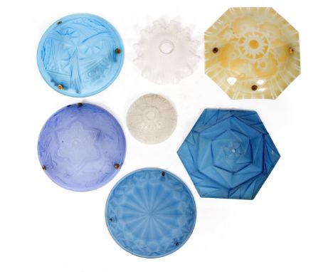 FOUR PRESSED BLUE GLASS PLAFONNIERS, three circular all approximately 35cm diameter and one hexagonal plafonnier together wit