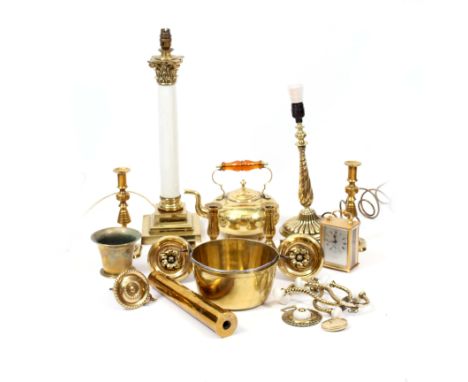 AN ANTIQUE BRASS AND WHITE GLASS TABLE LAMP of Corinthian column form with a stepped square base, 55cm high; a brass kettle; 