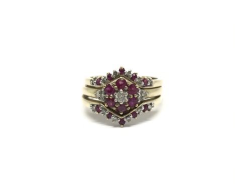 A 9ct gold, diamond and ruby triple ring set, total weight approx 5.6 grams.