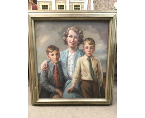 A large oil on board family portrait, signed Max Hofler. Frame measures approx 97cm x 107cm.