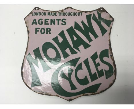 A rare Vintage double sided enamel sign Sheild shaped Agents for Mohawk Cycles. 40x39cm.