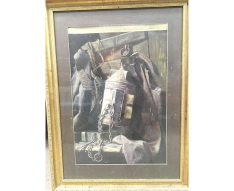 A large watercolour of an industrial barn, with a central lamp. Measures approx 75cm x 99cm.