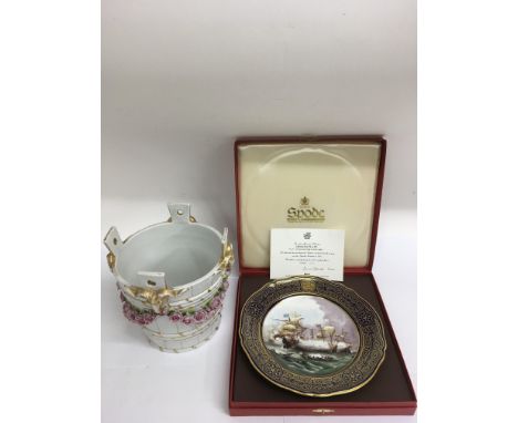 A boxed, limited edition, Spode 'Armada' plate and porcelain jardiniere with swag decoration