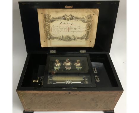 A late 19th century Swiss music box having decorative butterfly shaped strikers on three bells playing eight airs, painted in