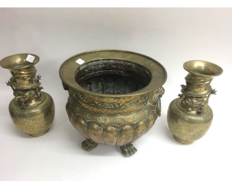 A pair of Chinese type brass vases with engraved decoration and applied dragons, character seal mark to bases, plus a brass p