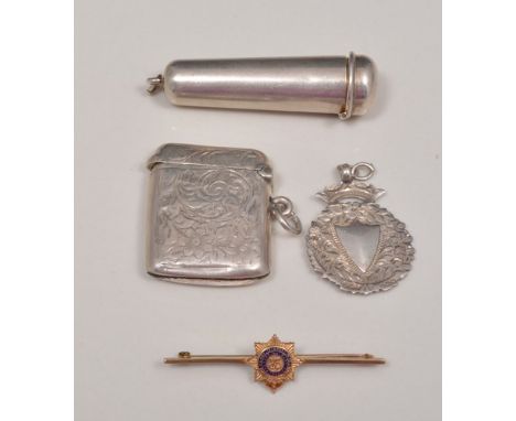 Yellow metal and enamel brooch, Rugby Service Corps, an Edwardian silver vesta, a silver case and a medallion.