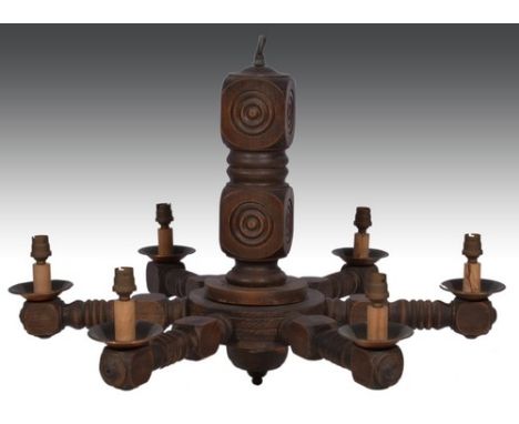 Stained wood six light chandelier, 55cm drop, a brass chandelier and a wrought iron four light chandelier (3)