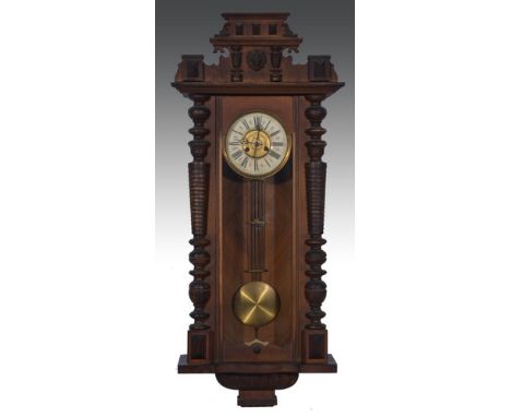 Walnut and stained wood Vienna wall clock, architectural pediment piece, glazed door with split spindle, spring driven moveme