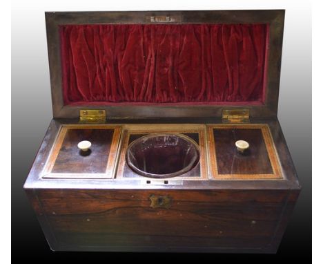 William IV rosewood sarcophagus shape tea caddy, with brass stringing, fitted interior, width 33cm.