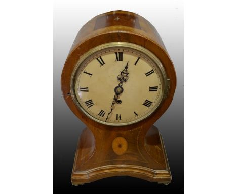 Victorian inlaid mahogany balloon shape mantel clock, lacking pediment, white enamel dial, single fusee movement, inlaid case