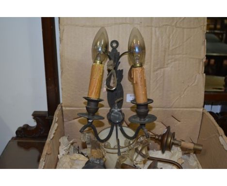 Pair of metal two light wall brackets, with candle fitments and faceted glass lustre drops, 25cm and two other wall brackets 