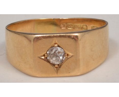 18ct hallmark gold signet ring, set with a single old cut diamond.