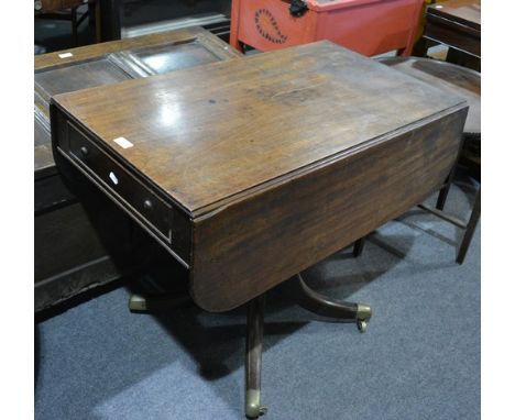 Georgian mahogany pedestal Pembroke table, D shaped leaves fitted with an end drawers (defective), matched by a dummy drawer,